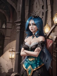 Size: 960x1280 | Tagged: safe, ai content, derpibooru import, generator:stable diffusion, machine learning generated, queen chrysalis, human, blue hair, breasts, castle, choker, cleavage, clothes, crossed arms, crown, dress, expressionless face, female, generator:incursiosmeme v16pruned, generator:mlp queenchrysalis-10, green eyes, indoors, jewelry, lantern, looking at you, prompter:marusame, queen chrysaltits, regalia, solo, standing, throne, throne room