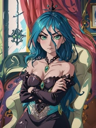 Size: 960x1280 | Tagged: safe, ai content, derpibooru import, generator:stable diffusion, machine learning generated, queen chrysalis, human, blue hair, breasts, chair, choker, cleavage, clothes, crossed arms, crown, dress, expressionless face, female, generator:toonyou beta3, green eyes, indoors, jewelry, looking at you, picture frame, prompter:marusame, queen chrysaltits, regalia, sitting, solo, window