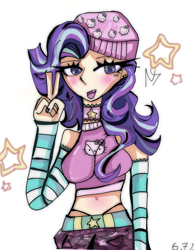 Size: 3500x4500 | Tagged: safe, artist:nightskyees, derpibooru import, starlight glimmer, human, equestria girls, arm warmers, beanie, breasts, choker, ear piercing, hair, hat, hello kitty, humanized, nail polish, nails, panties, piercing, simple background, solo, stars, stripes, tanktop, thong, underwear