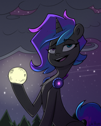 Size: 1200x1500 | Tagged: safe, artist:la hum, derpibooru import, oc, oc only, pony, unicorn, chest fluff, full moon, headphones, horn, moon, night, solo, stars, unicorn oc