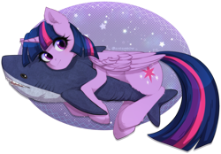 Size: 2845x1976 | Tagged: safe, artist:avrameow, derpibooru import, twilight sparkle, twilight sparkle (alicorn), alicorn, pony, shark, blushing, blåhaj, cute, eyebrows, eyebrows visible through hair, female, folded wings, horn, hug, looking at you, mare, plushie, shark plushie, signature, simple background, solo, transparent background, twiabetes, wings, ych result