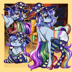 Size: 3000x3000 | Tagged: safe, artist:ohhoneybee, derpibooru import, oc, oc only, pony, unicorn, :<, blushing, clothes, hat, lidded eyes, multicolored hair, rainbow, rainbow hair, rainbow tail, raised hoof, raised leg, socks, solo, tail, thigh highs, witch hat