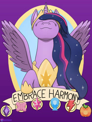 Size: 1700x2261 | Tagged: safe, artist:passionpanther, derpibooru import, princess twilight 2.0, twilight sparkle, twilight sparkle (alicorn), alicorn, pony, the last problem, design, element of generosity, element of honesty, element of kindness, element of laughter, element of loyalty, element of magic, elements of harmony, eyes closed, older, older twilight, shirt design, smiling, solo, spread wings, wings