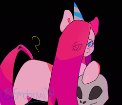 Size: 1885x1639 | Tagged: safe, artist:emoboy130, derpibooru import, pinkie pie, earth pony, pony, black background, hat, party hat, pinkamena diane pie, question mark, simple background, skull, solo