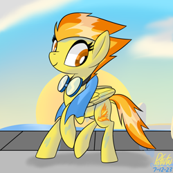 Size: 2000x2000 | Tagged: safe, artist:notadeliciouspotato, derpibooru import, spitfire, pegasus, pony, cloud, cute, cutefire, female, goggles, mare, signature, smiling, solo, sun, swimming pool, towel, wet