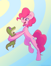 Size: 2700x3500 | Tagged: safe, artist:yarugreat, derpibooru import, gummy, pinkie pie, crocodile, earth pony, pony, bipedal, dancing, looking at each other, looking at someone, smiling, solo, true love