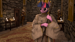 Size: 3840x2160 | Tagged: safe, artist:fireemerald123, derpibooru import, twilight sparkle, anthro, 3d, armor, banner, book, candle, carpet, castle, chandelier, clothes, guard, halberd, polearm, robes, scroll, source filmmaker, staff, sæla, tree of harmony, watermark, weapon