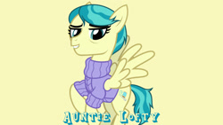 Size: 1920x1080 | Tagged: safe, artist:cheezedoodle96, derpibooru import, edit, editor:jaredking779, auntie lofty, pegasus, pony, clothes, female, flying, mare, simple background, solo, spread wings, sweater, wings, yellow background