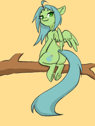 Size: 810x1080 | Tagged: safe, artist:cloud-up, derpibooru import, oc, oc only, oc:cloud-up, pegasus, pony, butt, in a tree, orange background, plot, rear view, simple background, solo, tree, tree branch