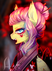 Size: 1280x1760 | Tagged: safe, artist:adeadfeelings, artist:xalexdfx, derpibooru import, fluttershy, kimono, pegasus, pony, g3, fangs, hair bun, lidded eyes, open mouth, solo, watermark