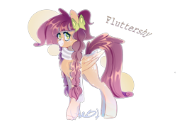 Size: 4200x3000 | Tagged: safe, artist:xalexdfx, derpibooru import, fluttershy, pegasus, pony, braid, butterfly hairpin, clothes, coat markings, facial markings, redesign, scarf, simple background, snip (coat marking), solo, transparent background