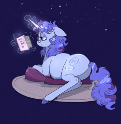 Size: 2352x2415 | Tagged: safe, artist:paskanaakka, derpibooru exclusive, derpibooru import, oc, oc only, oc:midnight dew, pony, unicorn, book, ears, eyeshadow, female, floppy ears, glasses, lidded eyes, lying down, magic, makeup, mare, pregnant, reading, reading glasses, smiling, solo