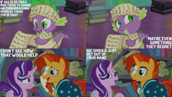 Size: 2000x1125 | Tagged: safe, derpibooru import, edit, edited screencap, editor:quoterific, screencap, spike, starlight glimmer, sunburst, the crystalling, book, scroll, sunburst's house