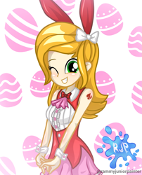 Size: 2015x2490 | Tagged: safe, artist:rjp.rammy, derpibooru import, oc, oc only, oc:selena montana, human, equestria girls, bare shoulders, bunny ears, clothes, female, one eye closed, sleeveless, solo, wink