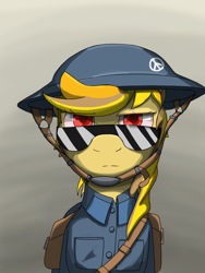 Size: 1536x2048 | Tagged: artist needed, safe, derpibooru import, oc, oc only, earth pony, pony, bag, clothes, gradient background, helmet, military uniform, saddle bag, solo, sunglasses, uniform