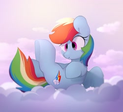 Size: 3026x2759 | Tagged: safe, artist:mochi_nation, derpibooru import, rainbow dash, pegasus, pony, cloud, cute, female, lying down, lying on a cloud, on a cloud, on back, solo