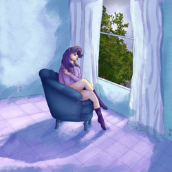 Size: 1000x1000 | Tagged: safe, artist:sova-ray, derpibooru import, rarity, human, chair, clothes, cloud, curtains, female, humanized, lipstick, makeup, socks, solo, stocking feet, sweater, tree, window