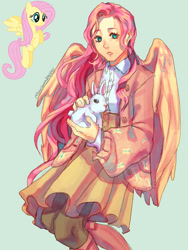 Size: 774x1032 | Tagged: safe, artist:mariam246810, derpibooru import, angel bunny, fluttershy, human, pegasus, pony, rabbit, animal, boots, clothes, coat, cute, female, green background, humanized, male, shirt, shoes, shyabetes, simple background, skirt, socks, solo, stockings, thigh highs, winged humanization, wings