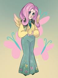 Size: 768x1024 | Tagged: safe, artist:pandiny11, derpibooru import, fluttershy, human, clothes, cutie mark background, female, gradient background, humanized, light skin, pants, shoes, solo, sweater, sweatershy, vest, winged humanization, wings