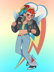 Size: 768x1024 | Tagged: safe, artist:pandiny11, derpibooru import, rainbow dash, human, alternate hairstyle, belt, bomber jacket, boots, clothes, cutie mark background, denim, ear piercing, earring, female, gradient background, grin, humanized, jacket, jeans, jewelry, midriff, pants, piercing, ponytail, shoes, smiling, solo, sports bra, tan skin, winged humanization, wings