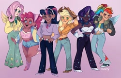 Size: 1686x1095 | Tagged: safe, artist:pandiny11, derpibooru import, applejack, fluttershy, pinkie pie, rainbow dash, rarity, twilight sparkle, human, alternate hairstyle, applejack's hat, bandaid, belly button, belt, blushing, bomber jacket, boots, bra, clothes, coat, cowboy boots, cowboy hat, crop top bra, dark skin, denim, ear piercing, earring, eyeshadow, female, flannel, freckles, gloves, gradient background, grin, hairband, hat, high heel boots, high heels, horn, horned humanization, humanized, jacket, jeans, jewelry, lipstick, makeup, mane six, midriff, nail polish, open mouth, pants, piercing, ponytail, shirt, shoes, short shirt, shorts, smiling, sports bra, sweater, sweatershy, underwear, vest, wall of tags, winged humanization, wings