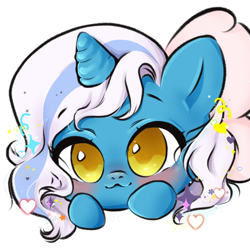 Size: 1800x1800 | Tagged: safe, artist:katarinarente123, derpibooru import, oc, oc only, oc:fleurbelle, alicorn, pony, :3, alicorn oc, blushing, bow, cute, female, golden eyes, hair bow, horn, looking at you, mare, simple background, solo, wings