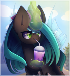 Size: 2400x2600 | Tagged: safe, artist:miryelis, derpibooru import, queen chrysalis, changeling, changeling queen, alcohol, big ears, cocktail, drink, drinking, ears, female, glowing, glowing horn, hat, high res, horn, long hair, magic, simple background, sky, solo, wings
