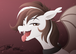 Size: 3694x2624 | Tagged: safe, artist:andaluce, artist:imalou, derpibooru import, oc, oc:choco blanc, bat pony, pony, abstract background, collar, ear fluff, ears, fangs, open mouth, solo, tongue, tongue out