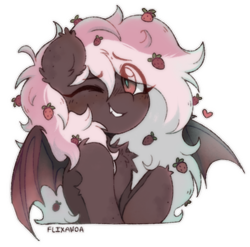 Size: 526x520 | Tagged: safe, artist:fefof, artist:flixanoa, derpibooru import, oc, oc only, oc:strawberry mousse cake, bat pony, bat wings, brown, chest fluff, ear fluff, ears, fangs, female, fluffy, food, fully shaded, heart, looking at you, mare, one eye closed, pink, pink mane, simple background, solo, strawberry, transparent background, wings, wink, winking at you