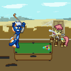 Size: 512x512 | Tagged: safe, artist:nitobit, derpibooru import, oc, oc:moonlight wane, bat pony, earth pony, pony, armor, bipedal, desert, golf club, knife, male, pixel art, pool table, post-apocalyptic, rust, spider web, stallion, unnamed character, unnamed pony, wall