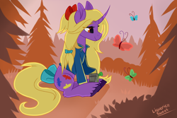 Size: 3000x2000 | Tagged: safe, artist:liquorice_sweet, derpibooru import, oc, oc only, oc:gypsy breeze, butterfly, pony, unicorn, fallout equestria, curved horn, forest background, horn, pipbuck, solo