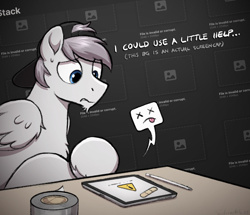 Size: 3312x2844 | Tagged: safe, artist:selenophile, derpibooru import, oc, oc only, oc:seleno, pegasus, pony, backwards ballcap, baseball cap, cap, duct tape, error, hat, ipad, tablet, tape, worried