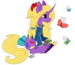 Size: 2300x2000 | Tagged: safe, artist:liquorice_sweet, derpibooru import, oc, oc only, oc:gypsy breeze, butterfly, pony, unicorn, fallout equestria, curved horn, horn, pipbuck, simple background, solo