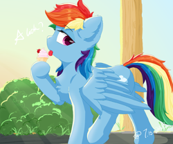 Size: 5669x4724 | Tagged: safe, artist:youle, derpibooru exclusive, derpibooru import, rainbow dash, pegasus, pony, absurd resolution, cherry, chest fluff, female, food, ice cream, mare, solo, tongue, tongue out