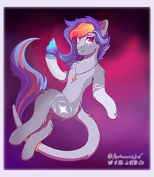 Size: 2023x2315 | Tagged: safe, alternate version, artist:autumnsfur, derpibooru import, oc, oc only, oc:blaze, earth pony, pony, artfight, artfight 2023, artfight2023, belly, blue fire, blue hair, blue mane, chest fluff, coat markings, ear fluff, ears, eyelashes, female, fire, floating, fluffy, freckles, full body, gray coat, gray fur, jewelry, lighting, logo, long tail, looking at something, mare, multicolored hair, multicolored mane, multicolored tail, necklace, orange eyes, orange hair, orange mane, purple hair, purple mane, purple tail, red eyes, signature, simple background, smiling, tail, text