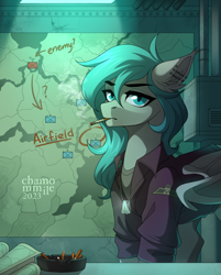 Size: 3012x3748 | Tagged: safe, artist:chamommile, derpibooru import, oc, oc only, oc:midnight dagger, bat pony, pegasus, pony, blue eyes, blue hair, blue mane, bunker, cigarette, clothes, commission, ear piercing, female, looking at you, map, pegasus oc, piercing, serious, serious face, smoke, smoking, solo, ych result