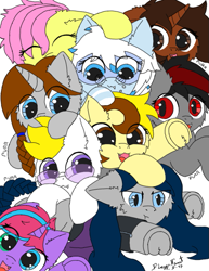 Size: 619x800 | Tagged: safe, artist:dust, artist:fliegerfausttop47, derpibooru import, oc, oc only, oc:azure interdictor, oc:blood moon, oc:countess sweet bun, oc:dark, oc:dust, oc:lightpoint, oc:nocturnal vision, oc:woj-tek, bat pony, earth pony, original species, pegasus, plane pony, unicorn, blue coat, blue eyes, blue mane, braid, braided ponytail, braided tail, brown coat, brown eyes, cheek fluff, chest fluff, cuddle puddle, cuddling, cute, daaaaaaaaaaaw, description is relevant, digital art, digitally colored, ear fluff, ears, eyes closed, fluffy, glasses, gray coat, happy, looking at someone, looking at you, lying down, not fluttershy, ocbetes, pencil drawing, plane, pony pile, ponytail, prone, purple coat, purple eyes, red eyes, redraw, simple background, slit eyes, smiling, snuggling, squish, story included, tail, too many ponies, traditional art, white coat