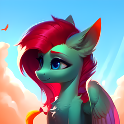 Size: 4096x4096 | Tagged: safe, ai content, derpibooru import, editor:darkshy, generator:purplesmart.ai, generator:stable diffusion, machine learning generated, oc, pegasus, pony, blue eyes, evening, green body, pegasus oc, sky