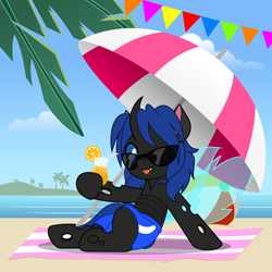 Size: 5000x5000 | Tagged: safe, artist:jhayarr23, derpibooru import, orange slice, oc, oc only, oc:swift dawn, changeling, :p, absurd resolution, beach, beach ball, beach umbrella, blue changeling, blue eyes, changeling oc, clothes, cloud, commission, detailed background, drink, fangs, high res, horn, looking at you, lounging, male, ocean, one eye closed, palm tree, pennant, shorts, smiling, smiling at you, solo, straw, sunglasses, swimsuit, tongue, tongue out, towel, tree, water, wings, wink, ych result