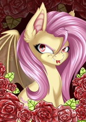 Size: 521x737 | Tagged: safe, artist:nuumia, derpibooru import, fluttershy, bat pony, pony, bat ponified, fangs, flutterbat, forked tongue, race swap, solo, spread wings, tongue, tongue out, wings