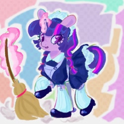 Size: 1080x1080 | Tagged: safe, artist:ombnom, derpibooru import, twilight sparkle, unicorn twilight, pony, unicorn, clothes, magic, maid, maidlight sparkle, open mouth, open smile, raised hoof, raised leg, smiling, solo, telekinesis