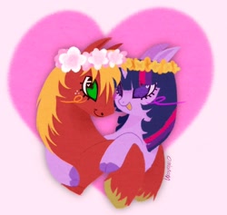 Size: 958x907 | Tagged: safe, artist:ombnom, derpibooru import, big macintosh, twilight sparkle, unicorn twilight, pony, unicorn, cloven hooves, duo, female, floral head wreath, flower, freckles, heart, heart background, hug, lesbian, male, shipping, smiling, straight, trans big macintosh, transgender, twimac, unshorn fetlocks