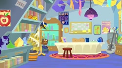 Size: 800x450 | Tagged: safe, derpibooru import, edit, edited screencap, screencap, a horse shoe-in, background, basket, book, bookshelf, bottle, box kite, canterlot, chair, desk, file cabinet, geode, guitar, hat, kite, musical instrument, no pony, plushie, poster, quill, rug, satchel, scroll, starlight's office, stool, trash can