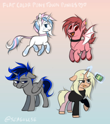 Size: 1776x2008 | Tagged: safe, artist:マックス・バン=エイケン, derpibooru import, oc, oc only, alicorn, bat pony, earth pony, pony, unicorn, alicorn oc, bat pony oc, choker, clothes, cross-popping veins, ear fluff, ear piercing, ears, emanata, fangs, female, flapping wings, flying, folded wings, frustrated, glowing, glowing horn, gradient background, horn, leonine tail, levitation, lidded eyes, looking at you, magic, magic aura, mare, open mouth, open smile, pants, piercing, raised tail, shirt, smiling, spread wings, tail, telekinesis, tongue, tongue out, unicorn oc, wings