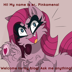 Size: 1280x1280 | Tagged: safe, artist:moodipone, derpibooru import, pinkie pie, earth pony, pony, ask, pinkamena diane pie, sharp teeth, smiling, solo, teeth, tumblr, tumblr:ask pinkamena and friends, waving