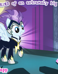 Size: 663x845 | Tagged: safe, derpibooru import, zapp, pegasus, pony, clothes, costume, cropped, english, female, gameloft, jewelry, mare, meme, necklace, official, power ponies, solo, spread wings, text, wings, wow! glimmer