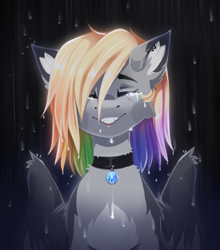 Size: 1802x2044 | Tagged: safe, artist:buvanybu, derpibooru import, oc, oc only, oc:buvany, pegasus, pony, cheek fluff, choker, crying, ear fluff, ear piercing, earring, ears, eyes closed, grin, jewelry, multicolored hair, piercing, rain, rainbow hair, smiling, solo, wet, wet mane, wing fluff, wings