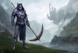 Size: 3280x2248 | Tagged: safe, artist:dacsy, derpibooru import, oc, oc only, oc:moonsaber, anthro, armor, canterlot castle, knight, mountain, river, scenery, scythe, solo, water