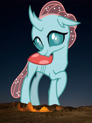 Size: 5785x7715 | Tagged: safe, artist:cheezedoodle96, derpibooru import, edit, editor:jaredking779, ocellus, changedling, changeling, absurd resolution, crossed legs, desert, female, giantess, highrise ponies, irl, macro, mountain, mountain range, nature, night, photo, ponies in real life, solo