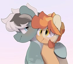 Size: 2494x2178 | Tagged: safe, artist:mochi_nation, derpibooru import, oc, oc only, oc:flame egg, oc:turquoise (mochi_nation), earth pony, pony, eye clipping through hair, female, gradient background, high res, hoof around neck, looking at each other, looking at someone, male, mare, oc x oc, shipping, simple background, smiling, smiling at each other, stallion, straight